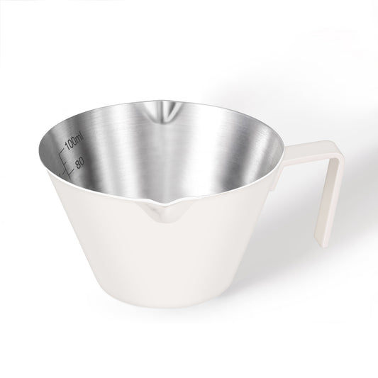 Stainless Steel Espresso Cups, Espresso Accessories, Double Spout Metal Measuring Cup with Dual Scale, Espresso Shots Cup with Handle, Coffee Bean Weighing ,3.4OZ/100ML white