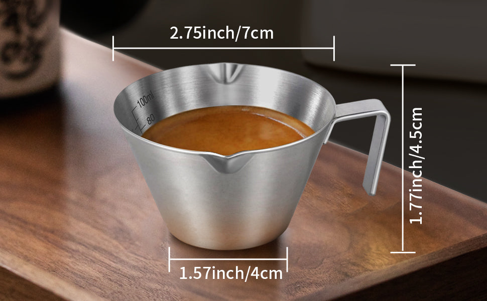 Stainless Steel Espresso Cups, Espresso Accessories, Double Spout Metal Measuring Cup with Dual Scale, Espresso Shots Cup with Handle, Coffee Bean Weighing ,3.4OZ/100ML