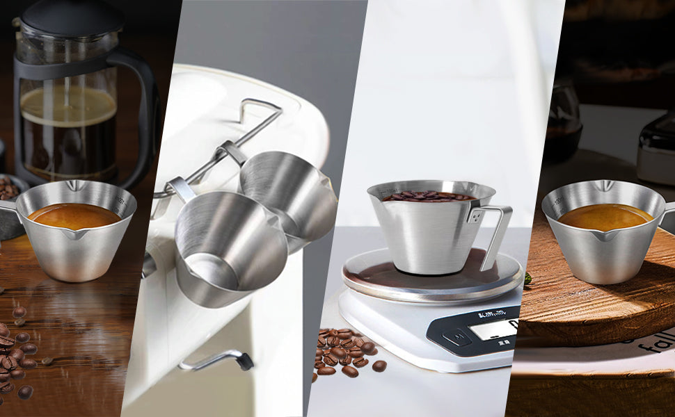 Stainless Steel Espresso Cups, Espresso Accessories, Double Spout Metal Measuring Cup with Dual Scale, Espresso Shots Cup with Handle, Coffee Bean Weighing ,3.4OZ/100ML