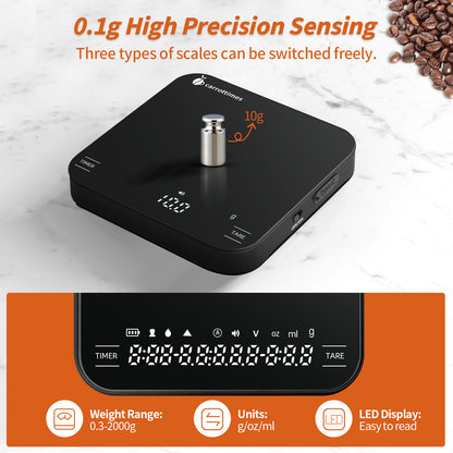 Carrottimes Rechargeable Mini Coffee Scale with Timer, 2kg/0.1g Espresso Scale with Silicone Mat, Digital Food Scales for Kitchen, Pour-Over Coffee, Espresso (Black)